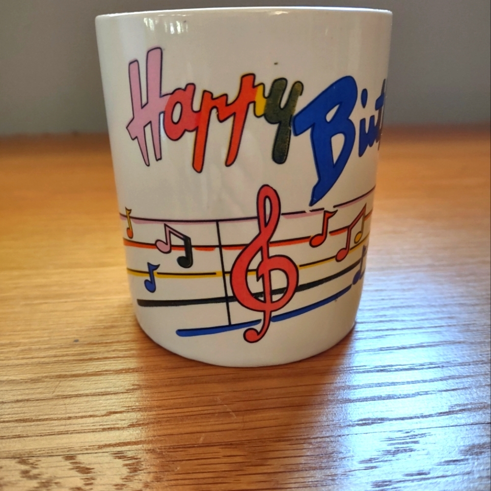 Happy Birthday 90's kitschy coffee mug rainbow music note 🎵